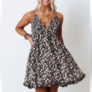 Black Floral Mini Babydoll Dress